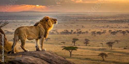 Savana Life Cioncept. Majestic Lion at Sunrise, surveying the vast African savanna. Golden light bathes the scene, a breathtaking moment of wildlife serenity.