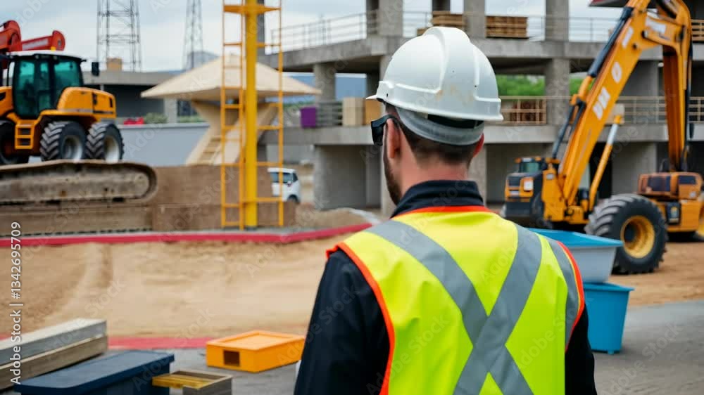 Construction Worker in Safety Vest and Hard Hat at a Construction Site with Heavy Machinery and Building Under Construction Construction Worker in Safety Vest and Hard Hat at a Construction Site with Heavy Machinery and Building Under Construction