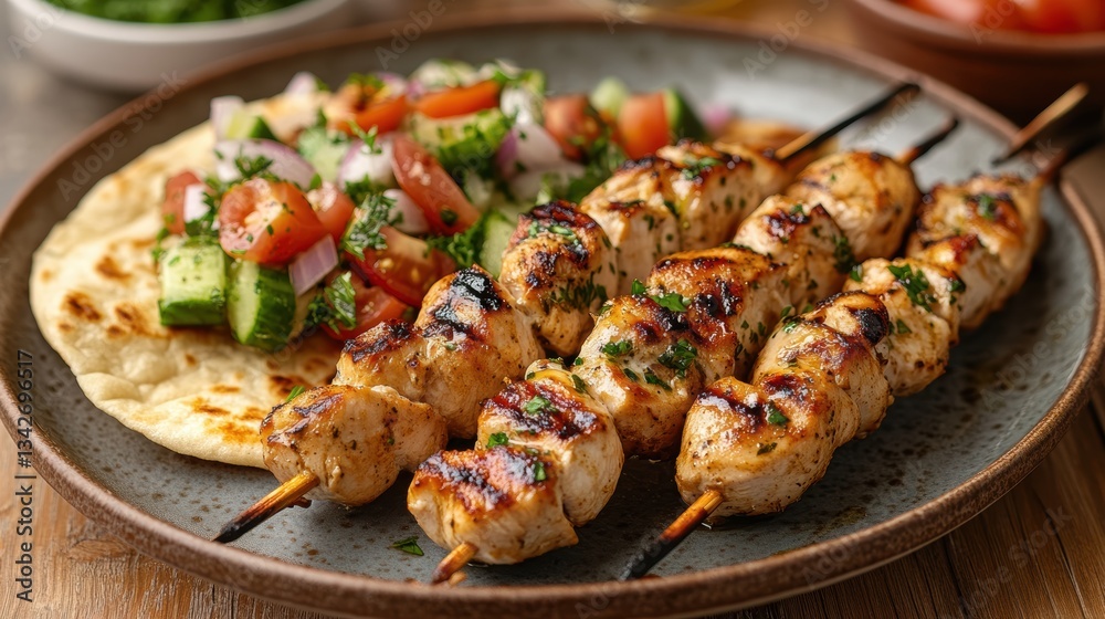 Succulent marinated chicken souvlaki kebabs, served with warm flatbread and a vibrant Greek salad of fresh tomatoes, cucumbers, and onions, a symphony of flavors and aromas. Succulent marinated chicken souvlaki kebabs, served with warm flatbread and a vibrant Greek salad of fresh tomatoes, cucumbers, and onions, a symphony of flavors and aromas.