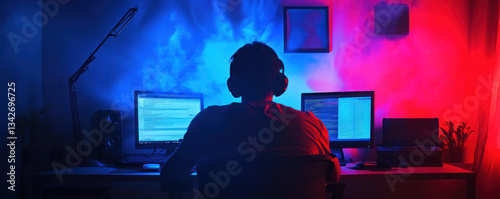 A man is sitting at a desk with two computer monitors and a keyboard. He is wearing headphones and he is focused on his work. The room is dimly lit, with a blue and red light in the background