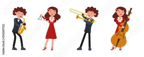 Cartoon musicians performing a lively ensemble in vibrant costumes during a festive event