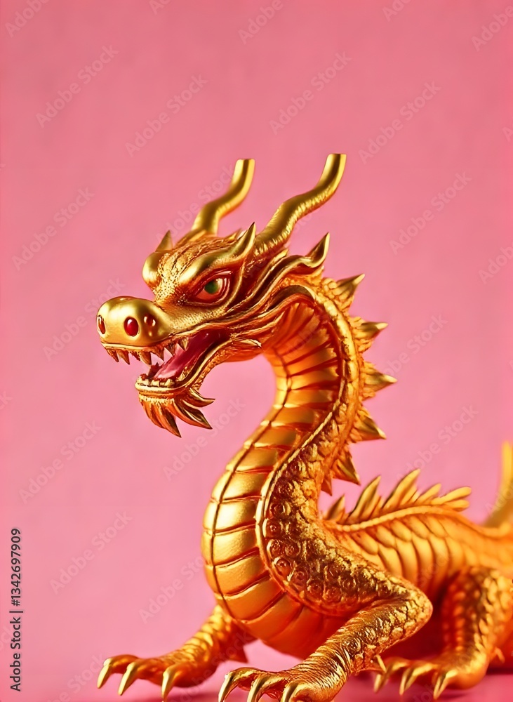 Obraz premium Majestic Golden Dragon Figurine on Pink Background
