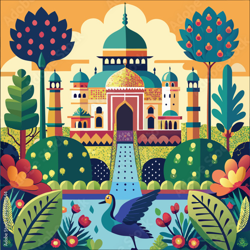 Intricate Mughal Garden Vector Pattern Featuring Peacock and Palace