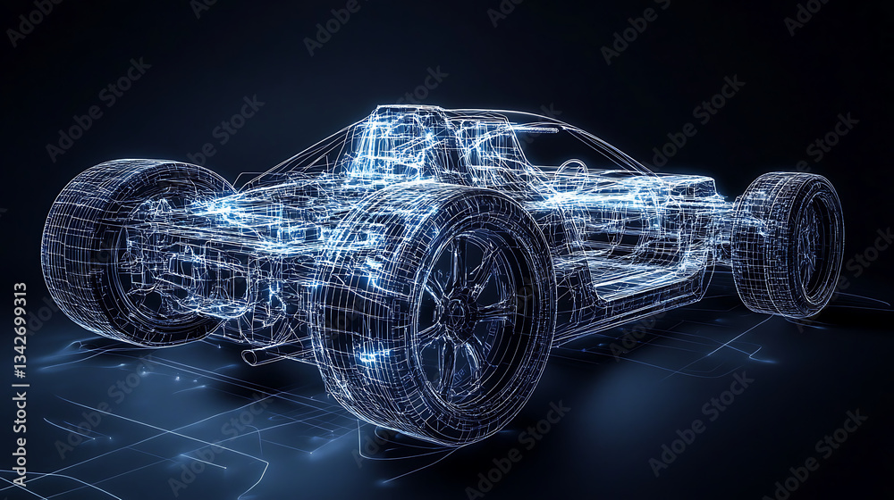 Naklejka premium A futuristic car design rendered with a glowing wireframe effect against a dark background, highlighting its intricate structure and technology