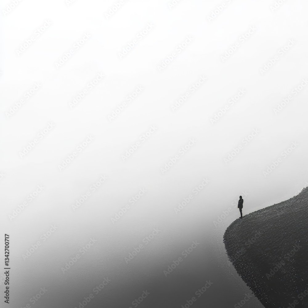 A person stands on the edge of calm water, reflecting in its surface. The background is white and foggy. Minimalistic black and white photography. A person stands on the edge of calm water, reflecting in its surface. The background is white and foggy. Minimalistic black and white photography.