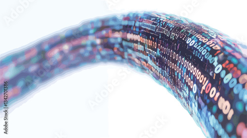Close-up view of a three-dimensional, curved data stream. The stream is composed of numerous small, multicolored segments of text resembling code or data, creating a sense of movement and flow. The