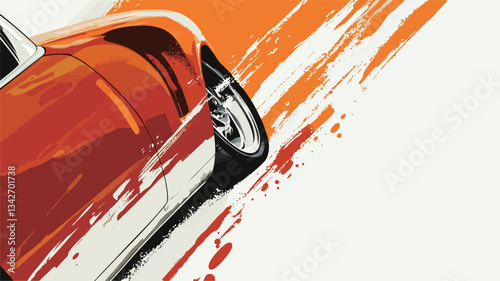 Close-up, stylized illustration of a portion of an orange sports car in motion. The car is depicted with dynamic brush strokes and paint splatters, creating an abstract and energetic feel. The