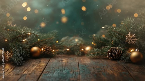 wooden table with a dark green background and golden lights, Christmas tree branches for product display or presentation blurred snowflakes falling in the air