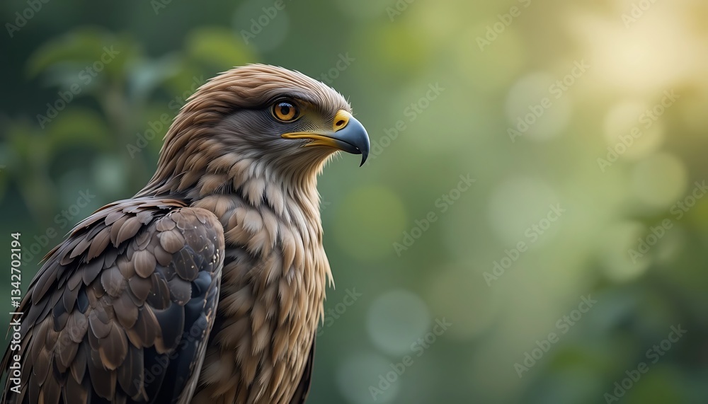 Hawk Gazing Intently Brown Feathers Against Green Bokeh Background Profile Hawk Gazing Intently Brown Feathers Against Green Bokeh Background Profile