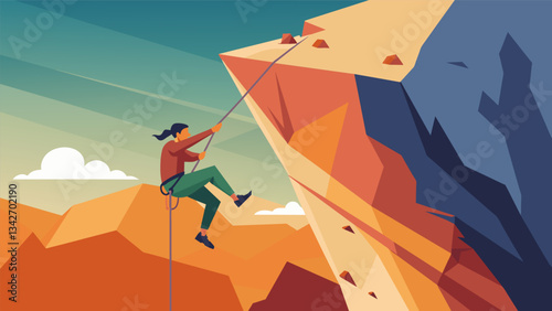 A rock climber scaling a cliff face pushing past fears and limitations to reach new heights.. Vector illustration