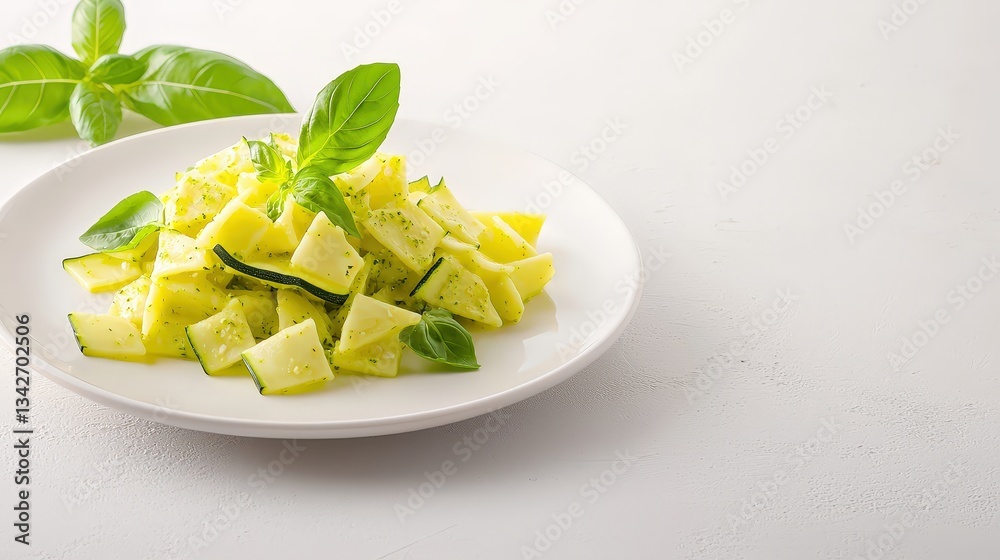 A delicious and healthy serving of sauteed zucchini with fresh basil pesto is presented on a pristine white plate against a bright white background. A delicious and healthy serving of sauteed zucchini with fresh basil pesto is presented on a pristine white plate against a bright white background.
