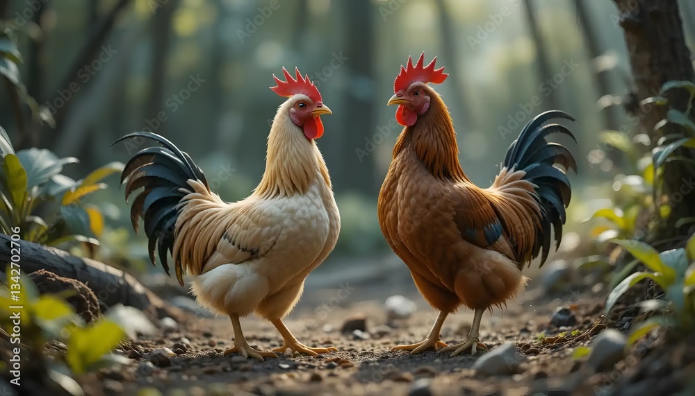 Fototapeta premium Two Roosters Standing Together in a Forest Clearing During Daytime