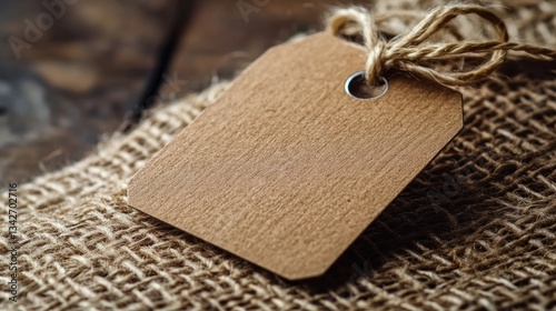 Empty tag on burlap, rustic wooden background photo