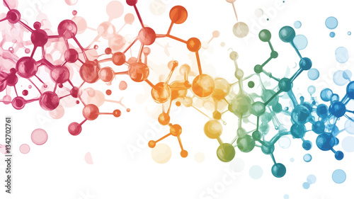 An abstract illustration depicting a network of interconnected colorful spheres representing molecules or atoms.  The spheres are connected by lines forming a flowing, dynamic structure. The color