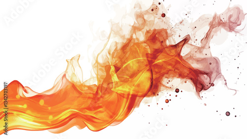 The image showcases an abstract depiction of fire flames against a pure white background. The flames are predominantly orange and yellow, with hints of red, exhibiting a fluid and dynamic form.