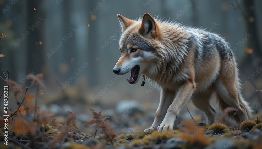 Obraz premium Wolf Walking Through Forest Roaring with Open Mouth and Sharp Teeth