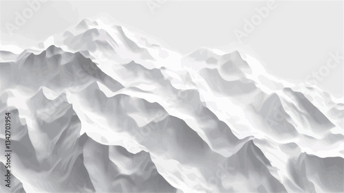 The image depicts a stylized, abstract representation of a mountain range rendered in shades of white and off-white.  The texture is predominantly rough and uneven, suggesting a mountainous