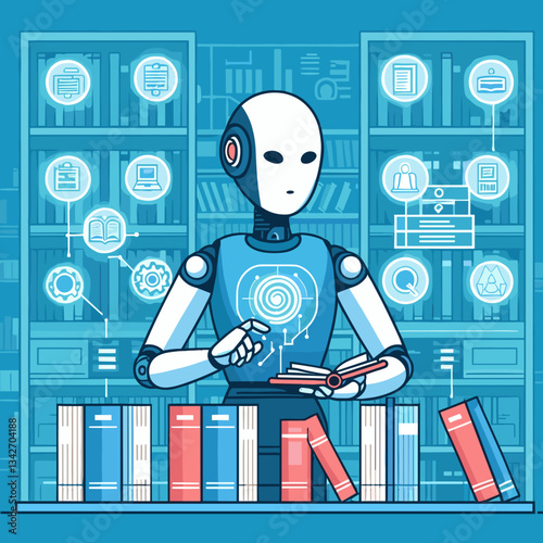 Robot studying a book against a digital library background  