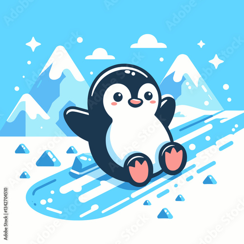 Cute penguin sliding happily on ice against snowy mountains  