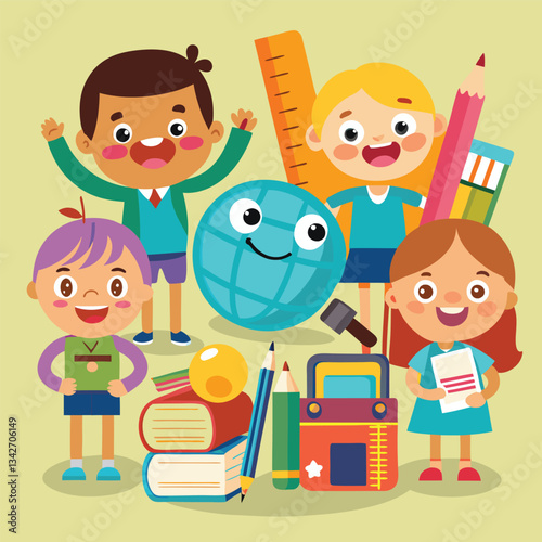Cartoon Characters Embark on School Supply Adventure Set