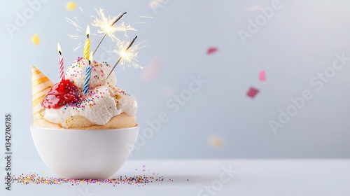 A delightful bowl of vanilla ice cream with colorful sprinkles, candles, and sparklers celebrates a birthday with festive confetti on a light blue background.