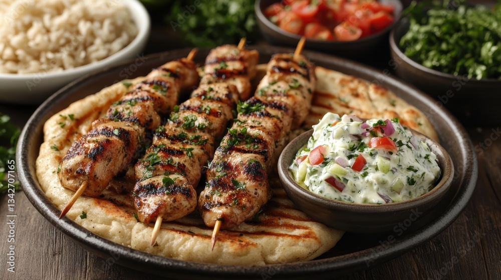 Grilled chicken skewers marinated in a tangy blend of yogurt, cucumber, and garlic, accompanied by creamy tzatziki sauce, a symphony of flavors and textures. Grilled chicken skewers marinated in a tangy blend of yogurt, cucumber, and garlic, accompanied by creamy tzatziki sauce, a symphony of flavors and textures.