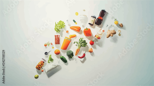 High-angle, close-up view of a dynamic arrangement of various vegetables and a glass of orange juice scattered across a clean white background.  The composition is styled as a flat lay, with the