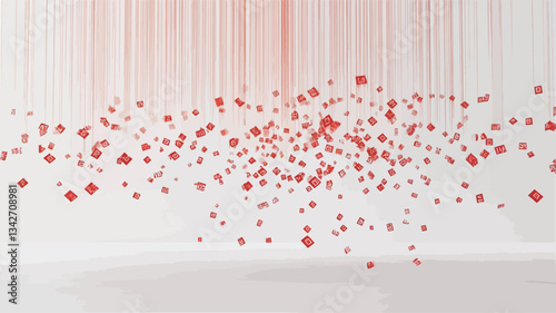 The image depicts a digital illustration of numerous small, red, square-like particles dispersed across a white background.  The particles are concentrated in a roughly cloud-like formation in the