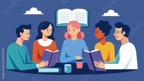 A book club discussion where members use reflective listening to understand and appreciate different interpretations and perspectives on the assigned book.. Vector illustration
