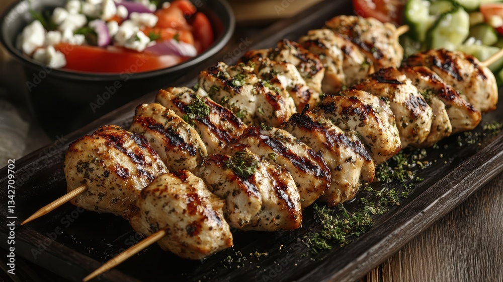 Succulent chicken souvlaki kebabs, marinated in herbs and spices, sizzle on skewers, accompanied by a refreshing Greek salad, a symphony of fresh vegetables and creamy feta cheese. Succulent chicken souvlaki kebabs, marinated in herbs and spices, sizzle on skewers, accompanied by a refreshing Greek salad, a symphony of fresh vegetables and creamy feta cheese.