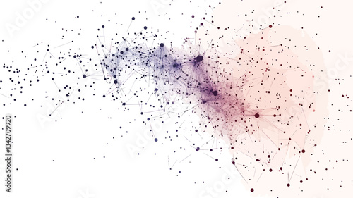 The image displays an abstract composition featuring a scattering of small, dark particles against a bright white background. The particles appear to be concentrated in two main areas, creating a