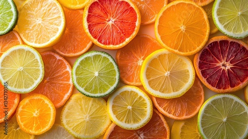 A vibrant mosaic of citrus slices, a kaleidoscope of hues from vibrant orange to zesty lime, arranged in a captivating pattern that resembles a sunlit meadow.