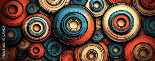 A colorful abstract painting of circles in various shades of blue, red, and yellow. The circles are arranged in a way that creates a sense of movement and energy