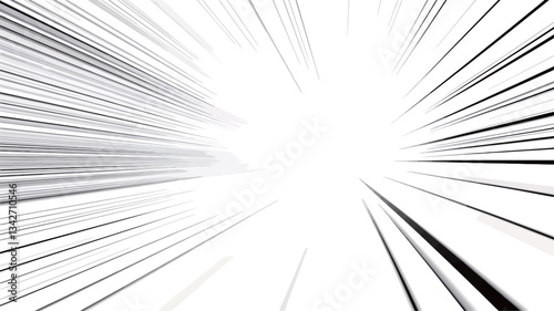 The image is a monochrome abstract illustration featuring numerous thin, radiating lines emanating from a central bright white point.  The lines vary slightly in thickness and grayscale value,