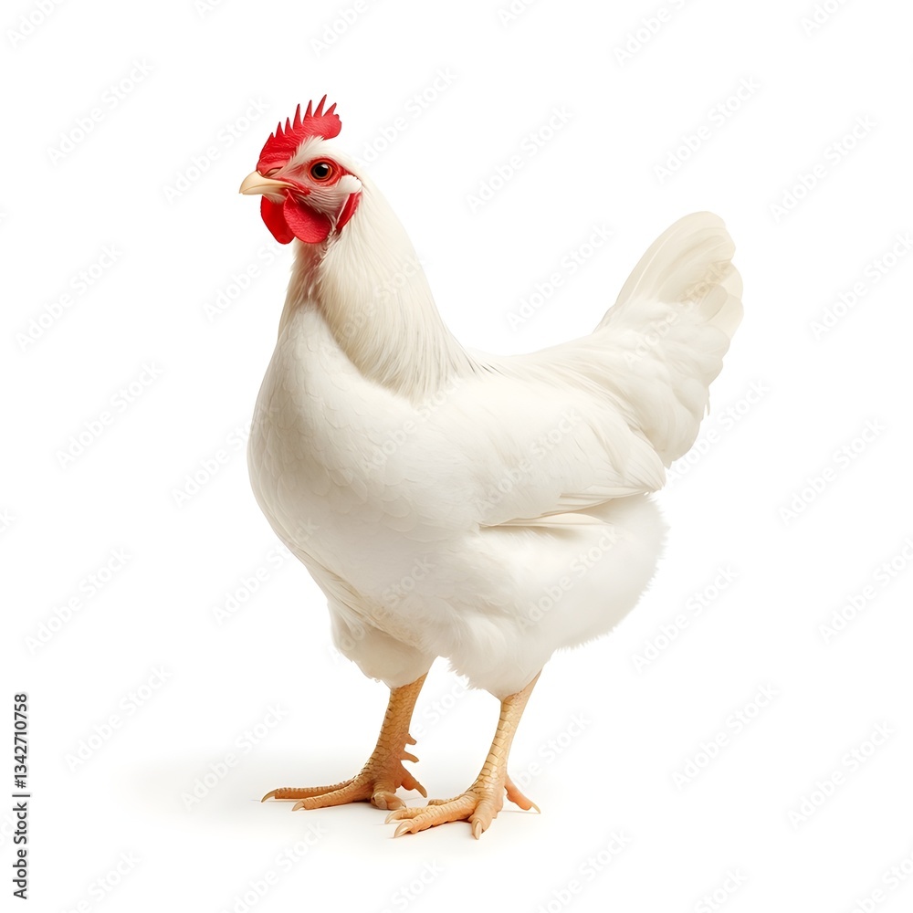 Fototapeta premium White Chicken with Red Comb on White Background