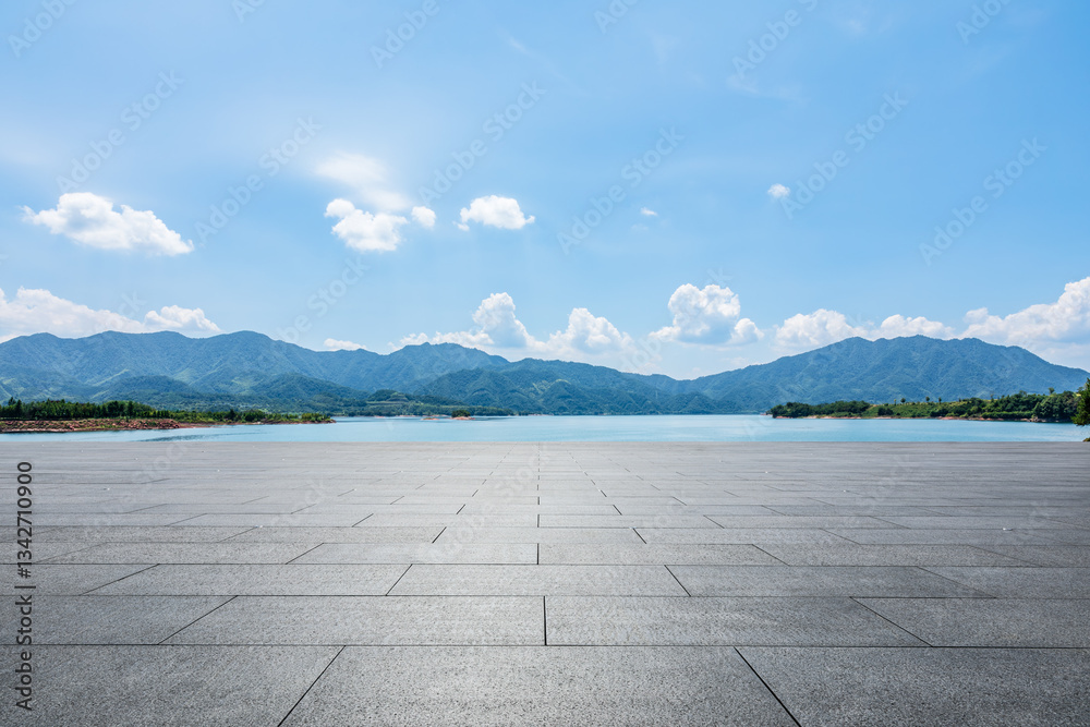 Empty square floor and lake with mountain nature landscape in summer. Outdoor natural background.