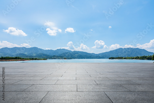 Obraz na płótnie Empty square floor and lake with mountain nature landscape in summer. Outdoor natural background. w salonie