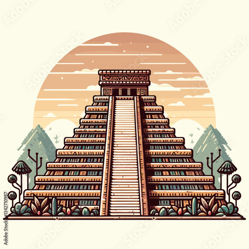 Stylized ancient Mayan pyramid with sunset background.