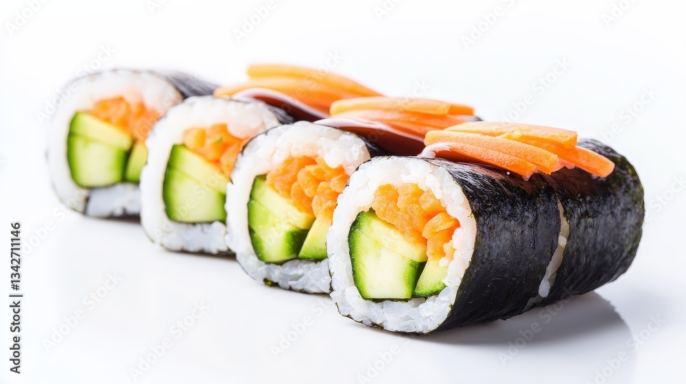 Delicious fresh sushi rolls with salmon avocado cucumber and carrots drizzled with soy sauce are arranged on a white background perfect for restaurant menus or culinary websites. Delicious fresh sushi rolls with salmon avocado cucumber and carrots drizzled with soy sauce are arranged on a white background perfect for restaurant menus or culinary websites.
