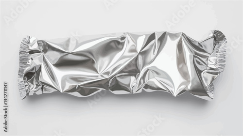 High-angle, close-up shot of a crumpled piece of silver foil on a plain white background. The foil is irregularly shaped and shows creases and folds, creating a textured surface with varying