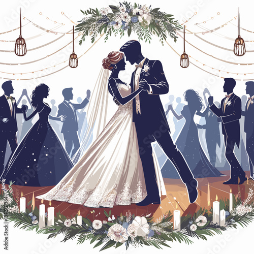 Elegant wedding couple dancing under romantic lights.