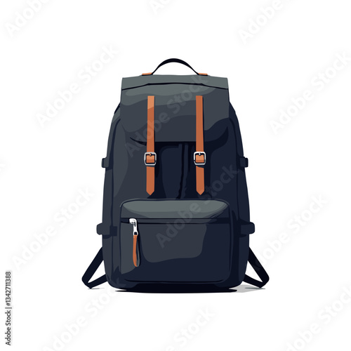 Modern black travel backpack with brown straps in a minimalist style  