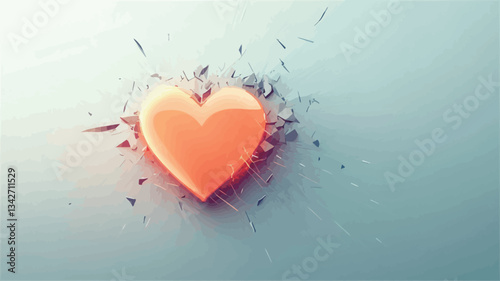 A digital illustration depicting a three-dimensional, light-orange heart shape. The heart is centrally positioned against a light grey-blue background.  The heart appears to be breaking apart, with