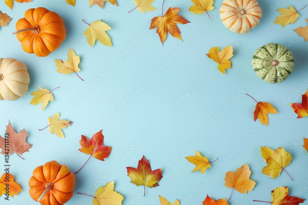 Fototapeta premium Autumnal Pumpkins and Maple Leaves on a Light Blue Background