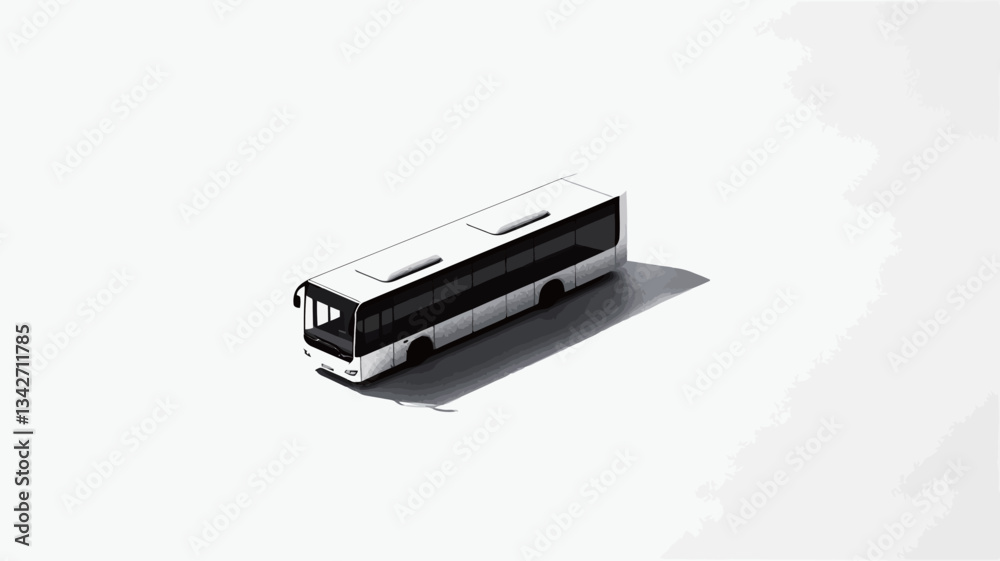 High-angle, close-up view of a miniature white bus model placed on a plain white background. The bus is predominantly white with a dark gray/black section at the bottom. A subtle shadow is cast High-angle, close-up view of a miniature white bus model placed on a plain white background. The bus is predominantly white with a dark gray/black section at the bottom. A subtle shadow is cast