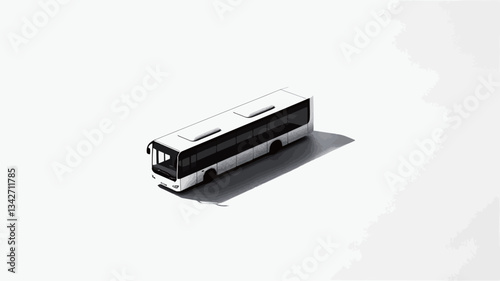 High-angle, close-up view of a miniature white bus model placed on a plain white background. The bus is predominantly white with a dark gray/black section at the bottom. A subtle shadow is cast
