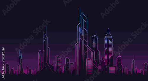 Futuristic neon cityscape with skyscrapers in cyberpunk style  