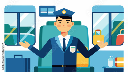 The driver explains the importance of keeping the bus aisle clear and not leaving personal belongings in the way which can be hazardous in case of sudden stops or turns.. Vector illustration