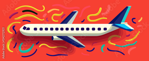 Colorful airplane illustration on red background  