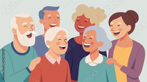 A group of seniors engaging in a laughter meditation using the power of humor and positivity to boost their mood and promote overall wellbeing.. Vector illustration